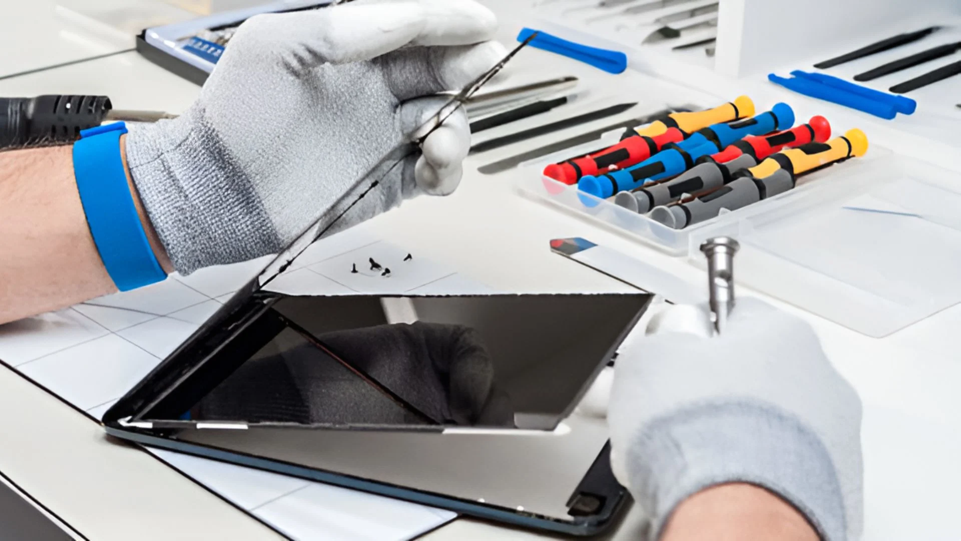 Technician performing iPad repair by carefully opening tablet screen with precision tools in a professional workspace