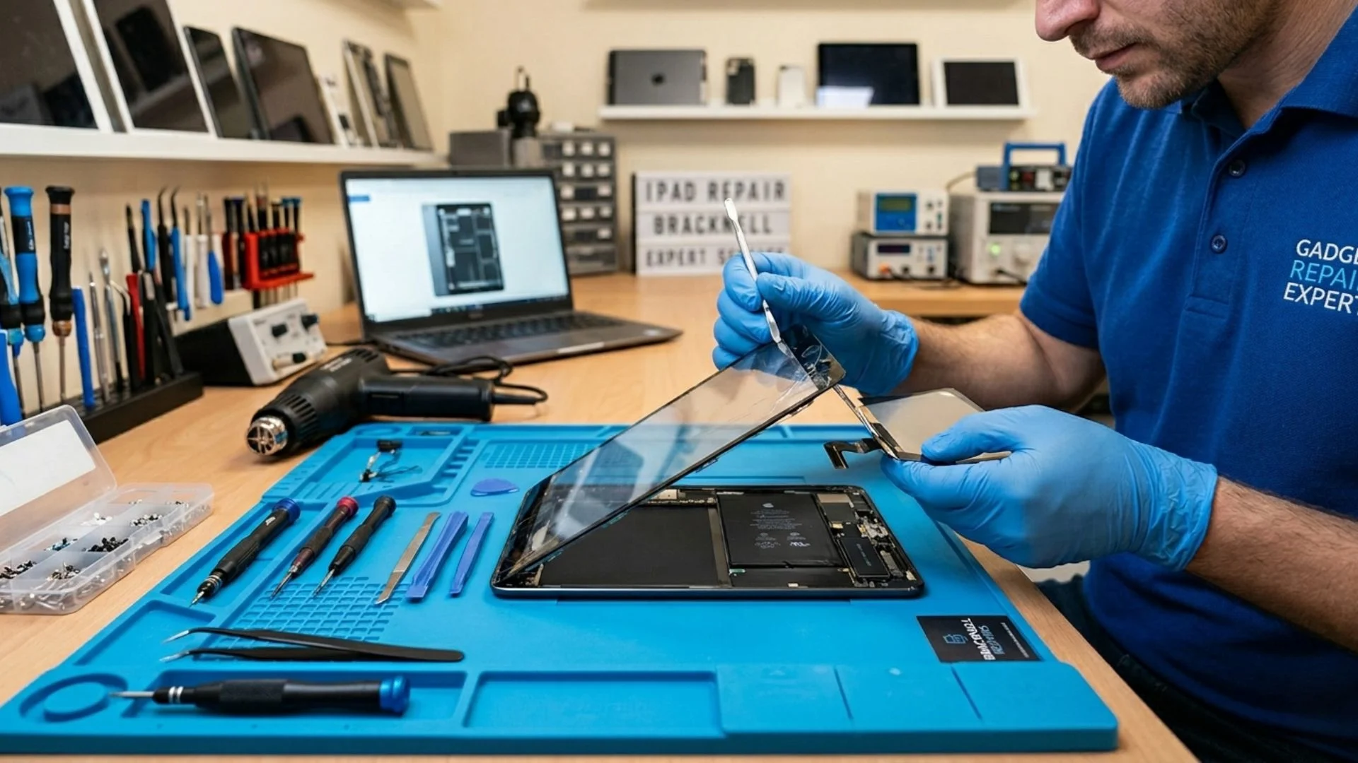 Professional technician performing tablet repair by replacing a broken screen using precision tools on a repair workstation