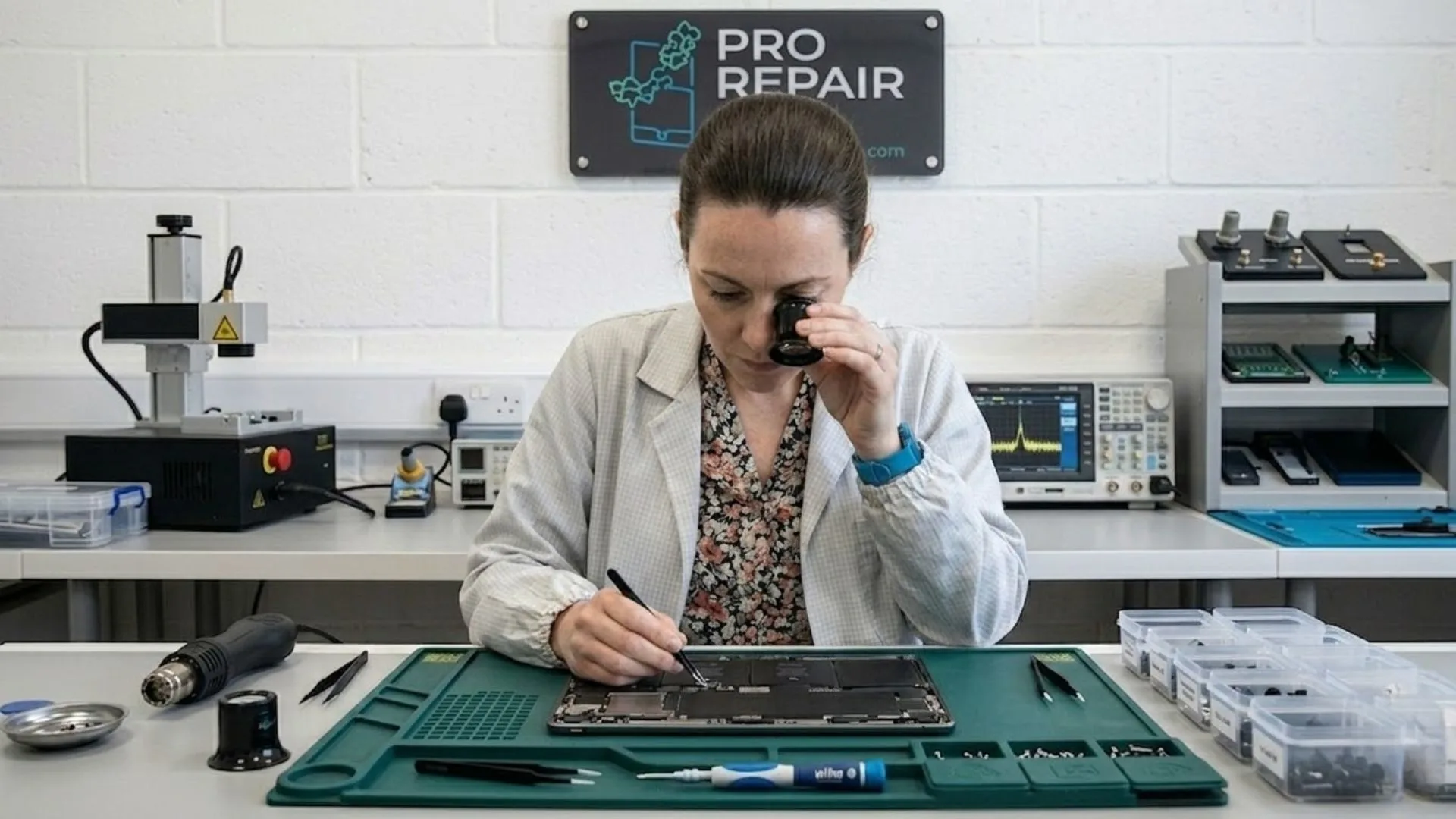 Technician inspecting internal components during iPad repair Bracknell service using magnifying tool in a professional repair lab