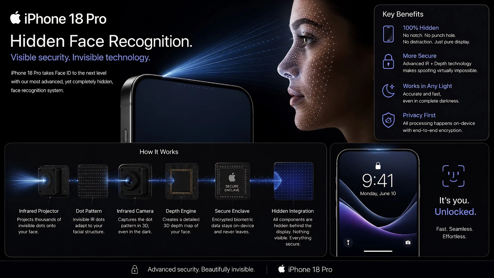 iPhone 18 Pro hidden Face ID concept with advanced security and iPhone screen repair updates.