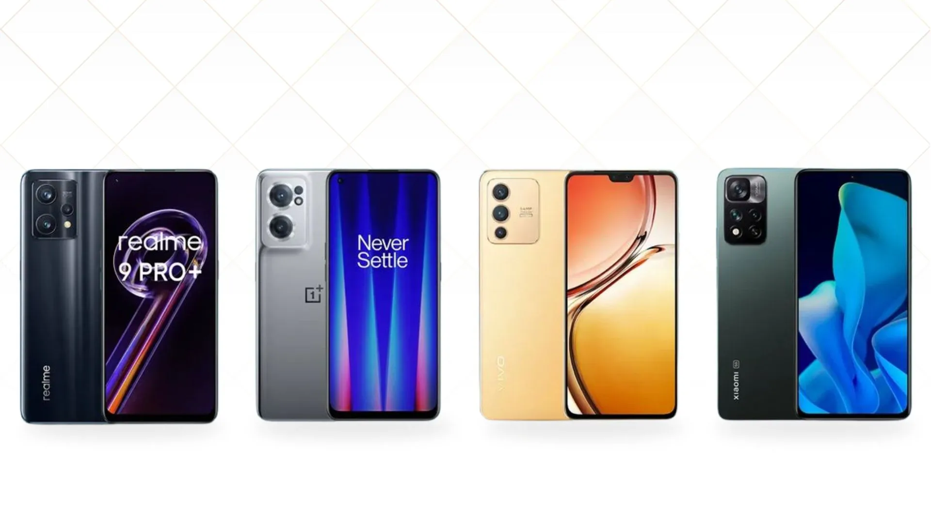 Android smartphones lineup featuring Realme, OnePlus, Vivo, and Xiaomi devices displayed side by side, showcasing modern design, performance comparison, and mobile phone repair concept