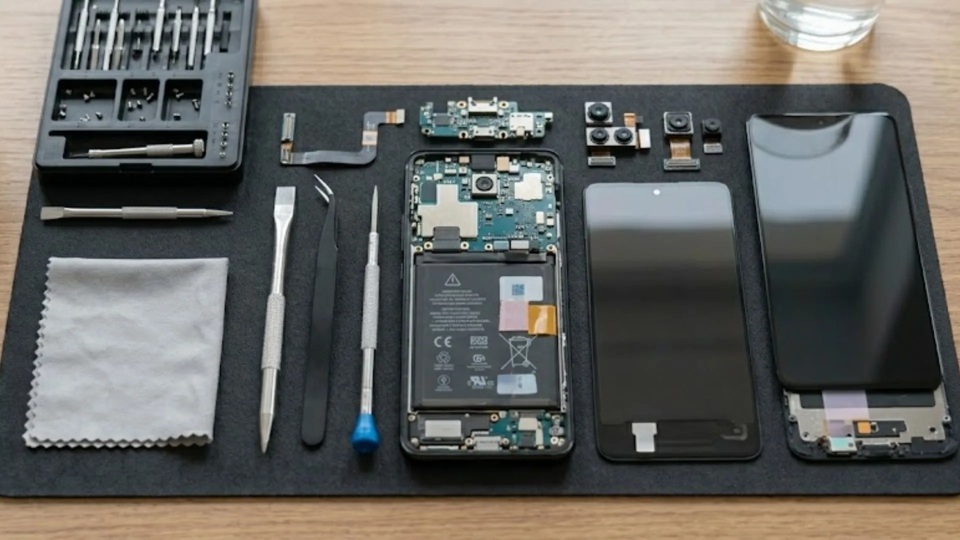 Disassembled Android smartphone parts with tools neatly arranged on table, showcasing internal components and professional phone repair shop and mobile phone repair service concept