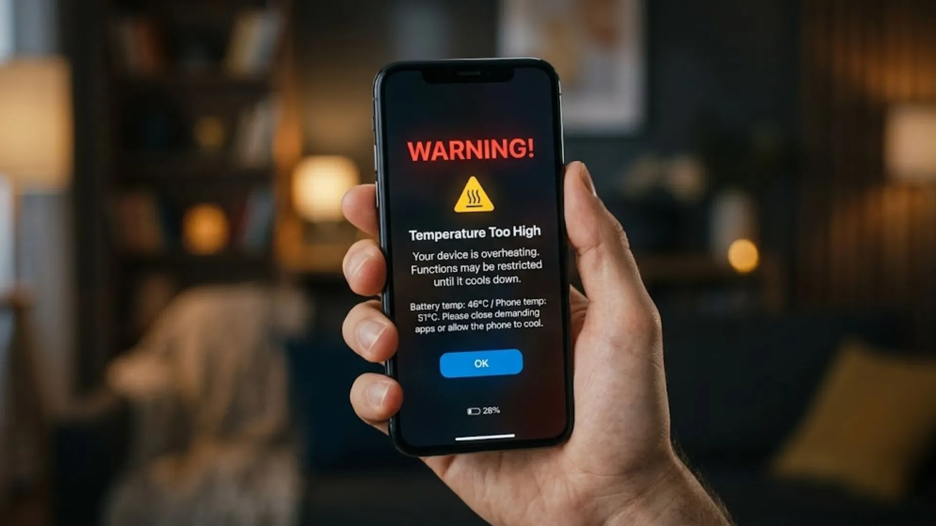Android smartphone showing overheating warning message in hand, highlighting performance issues and mobile phone repair solution concept