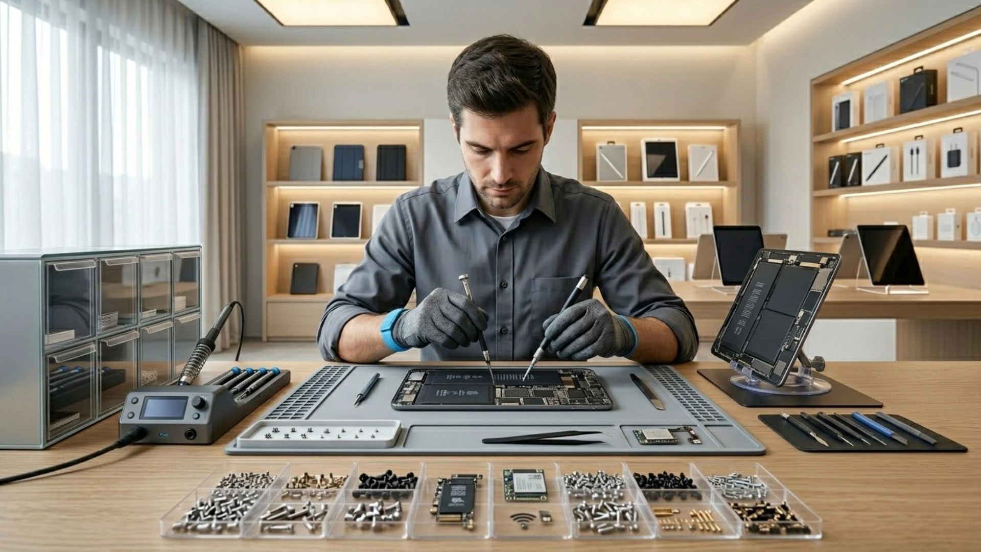 professional iPad repair technician working in a modern mobile service center with tools and components, showcasing expert iPad repair service and device maintenance