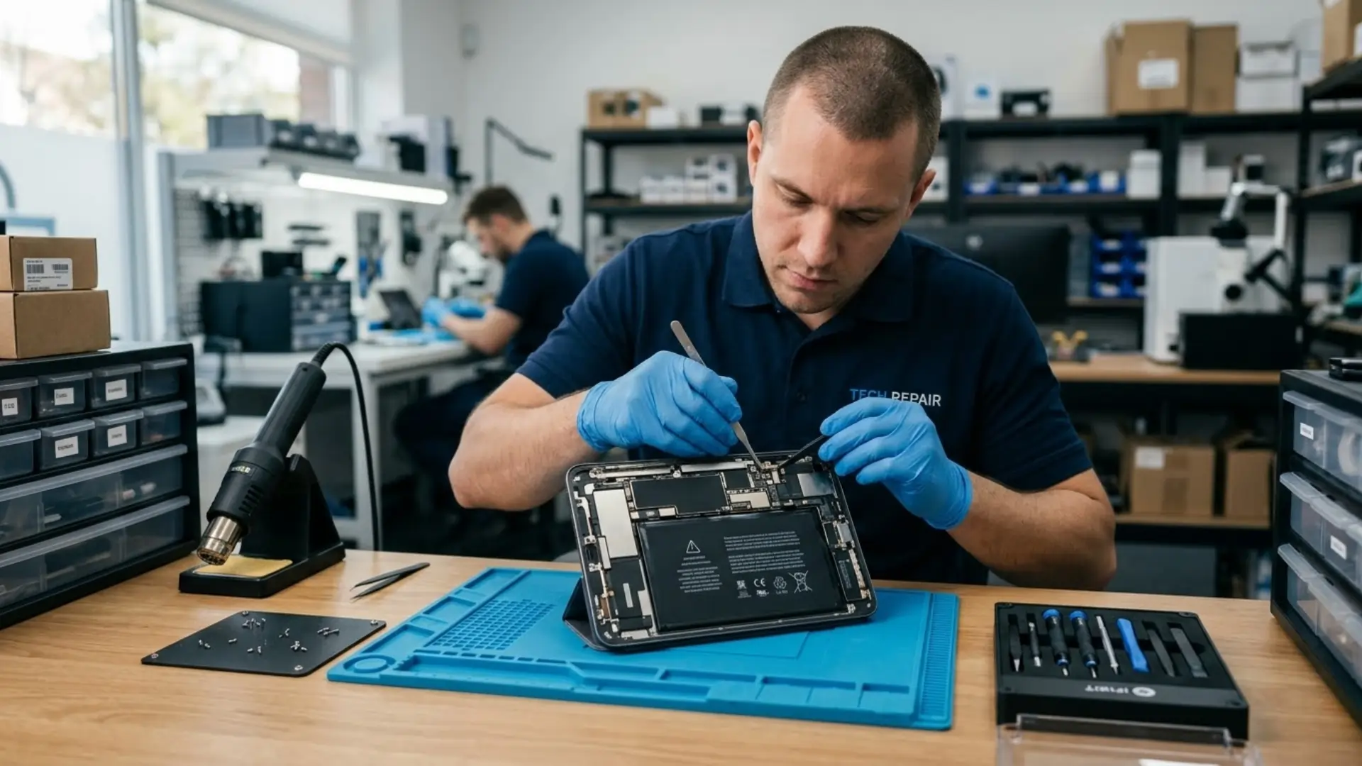 expert technician repairing water damaged iPad using professional tools in a mobile repair lab, highlighting reliable iPad repair service and device restoration