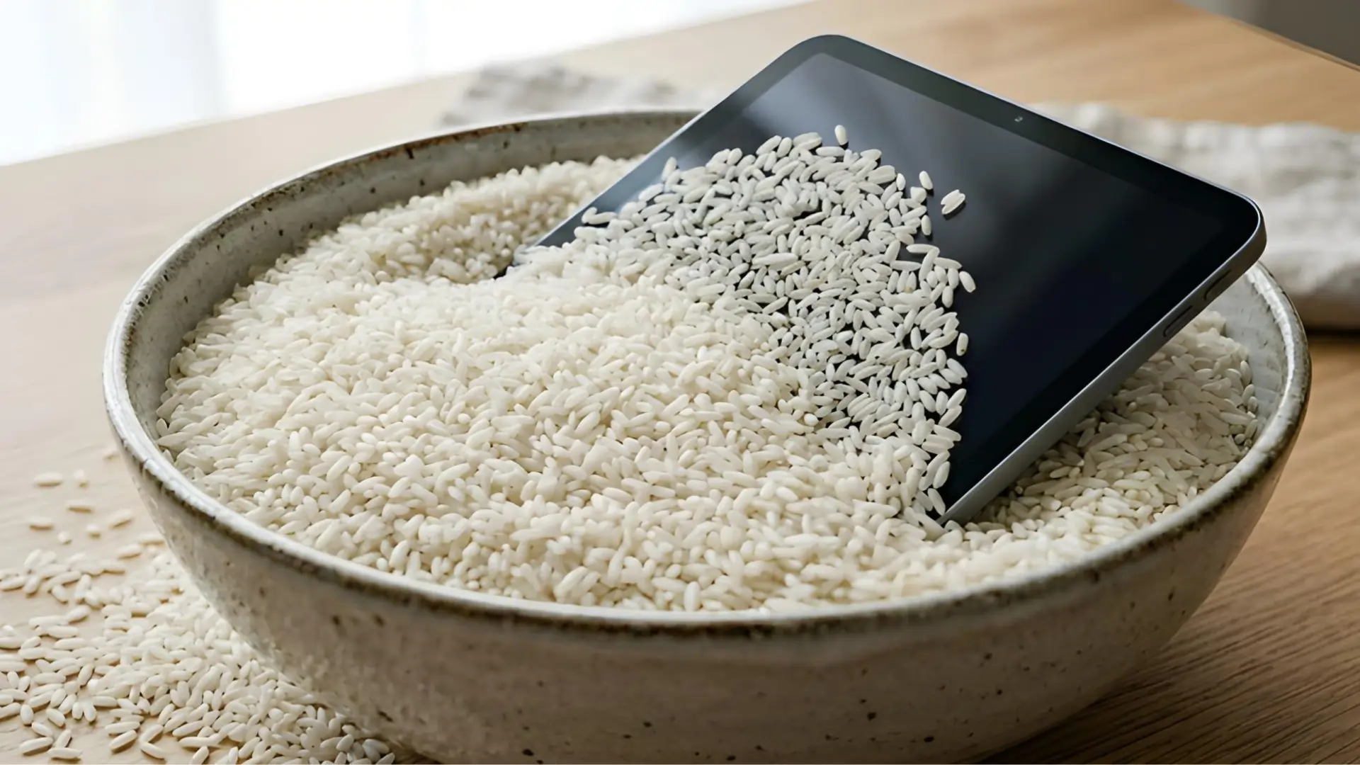 iPad placed in a bowl of rice for drying water damage, illustrating a common DIY method before seeking professional iPad repair service