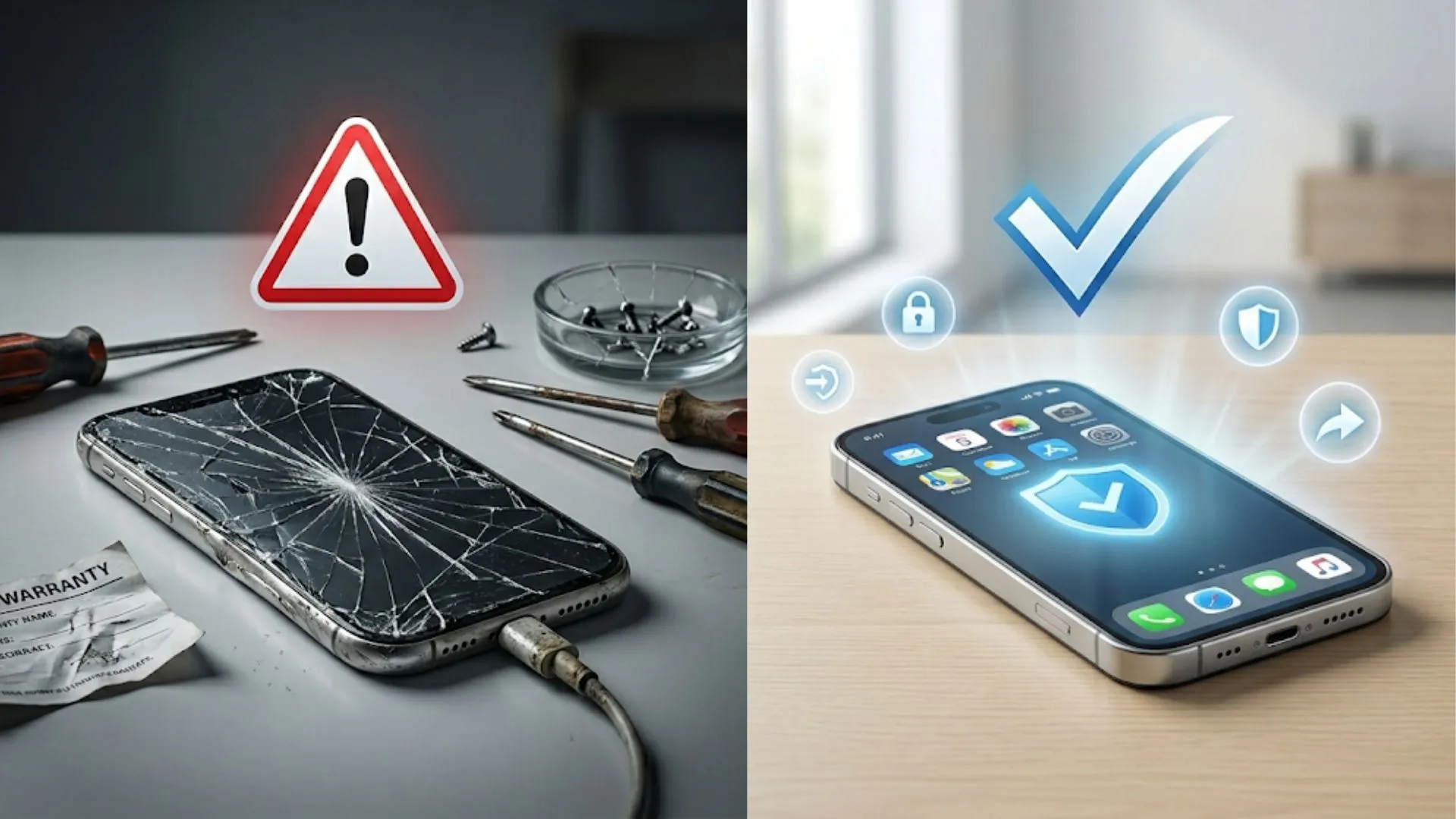 Before-and-after iPhone repair showing a pristine phone and a shattered device with tools.