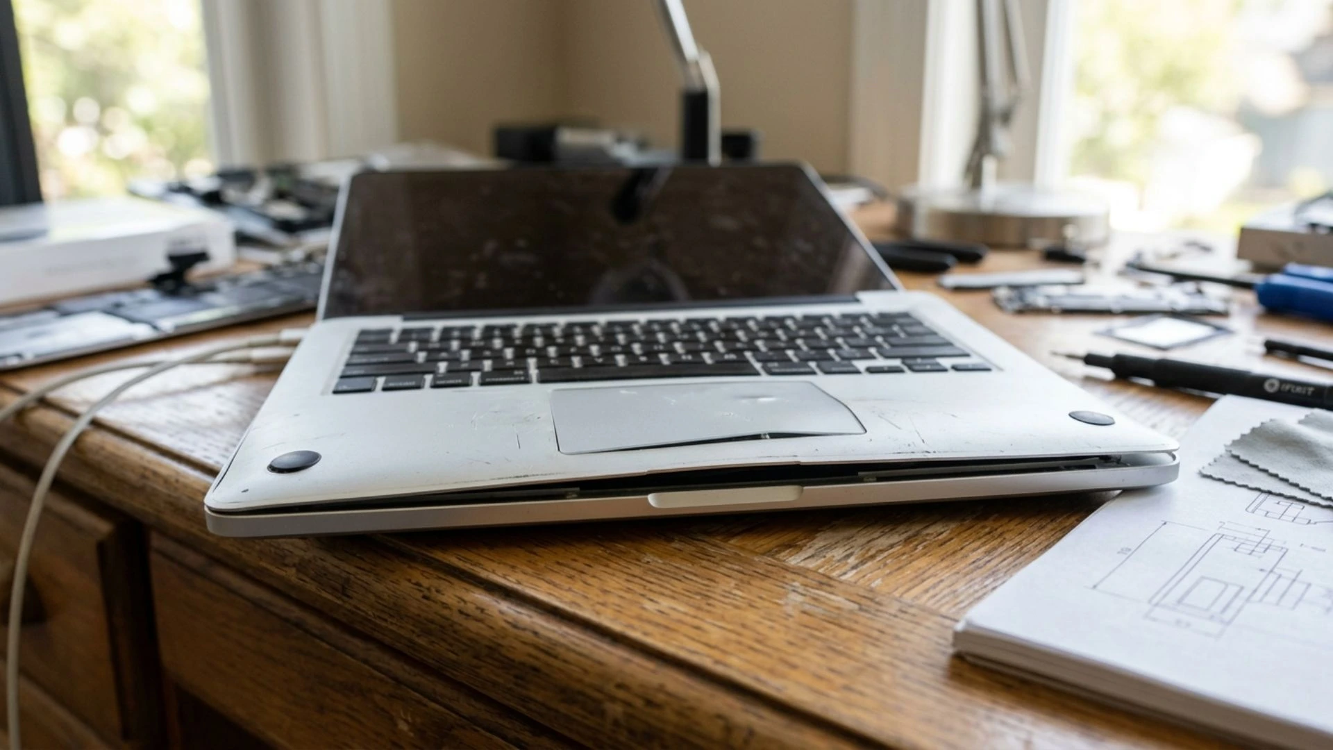 Swollen MacBook battery causing laptop base bulging and lifting, professional macbook repair service needed for battery replacement and safety fix