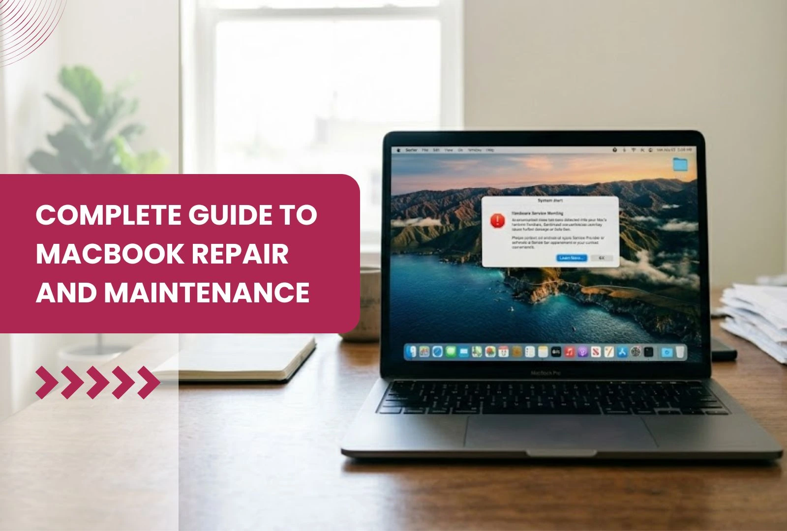 Complete guide to MacBook repair and maintenance displayed on laptop screen with system error message visible