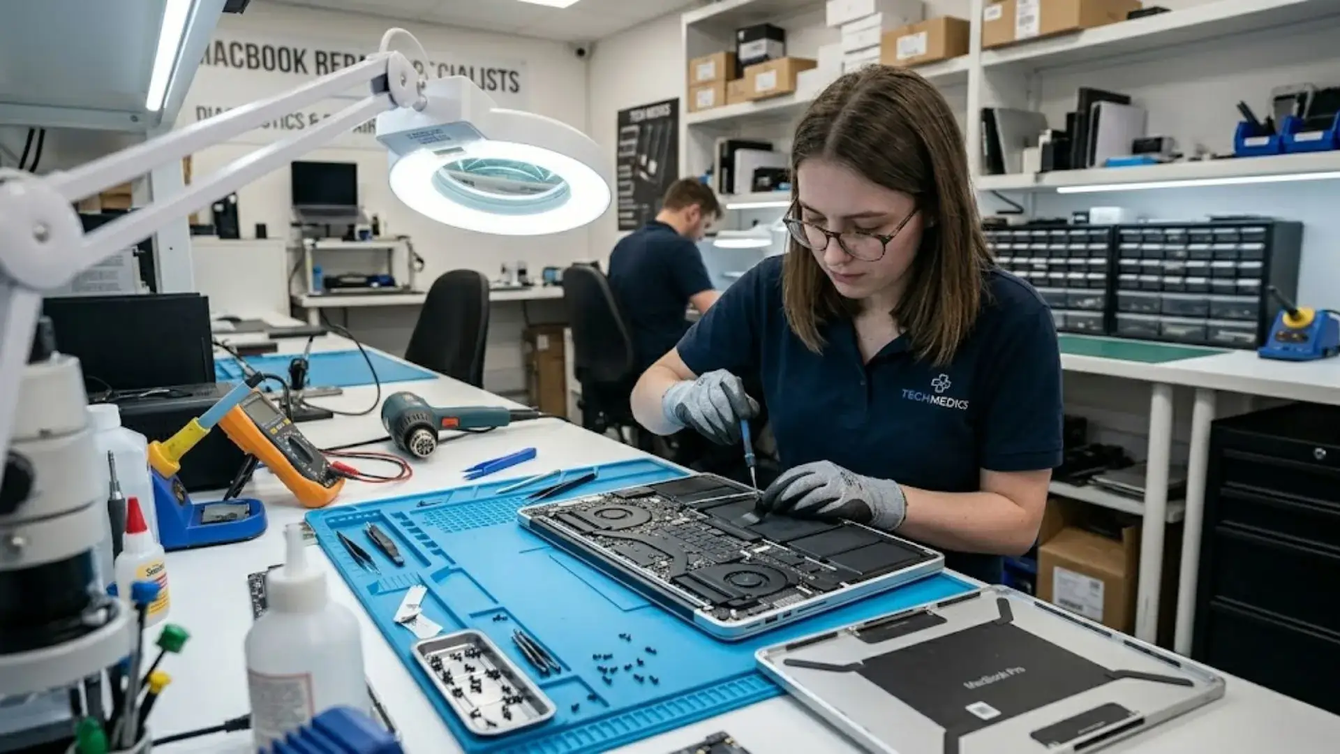 Technician performing iPad repair by carefully opening tablet screen with precision tools in a professional workspace
