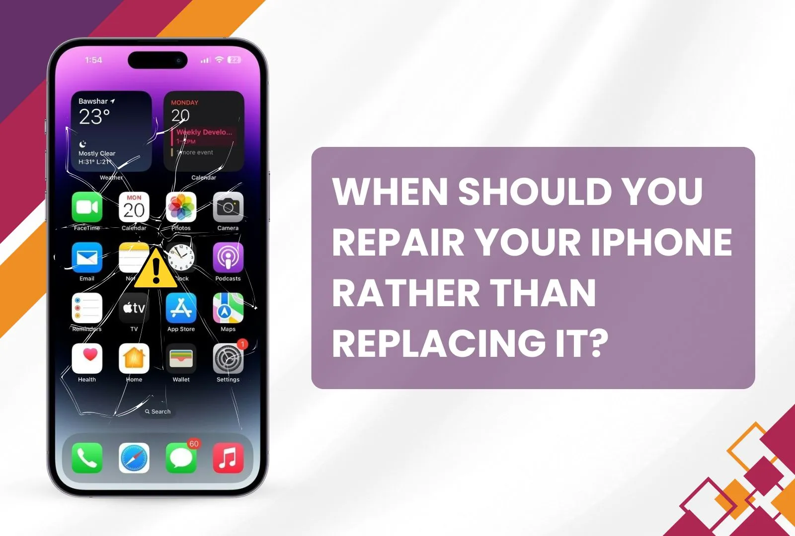 Cracked screen iPhone illustration with a warning icon and text asking when you should repair your iPhone rather than replacing it, highlighting iPhone repair services.